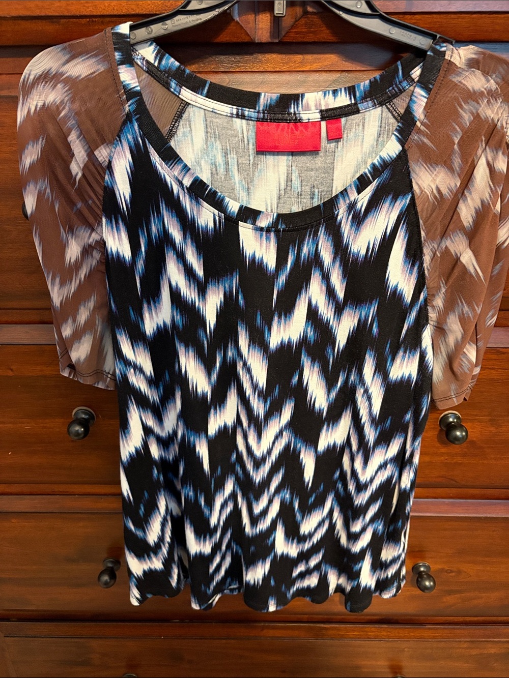 Jennifer Lopez Women's Blue & Brown Patterned Short Sleeve Top
